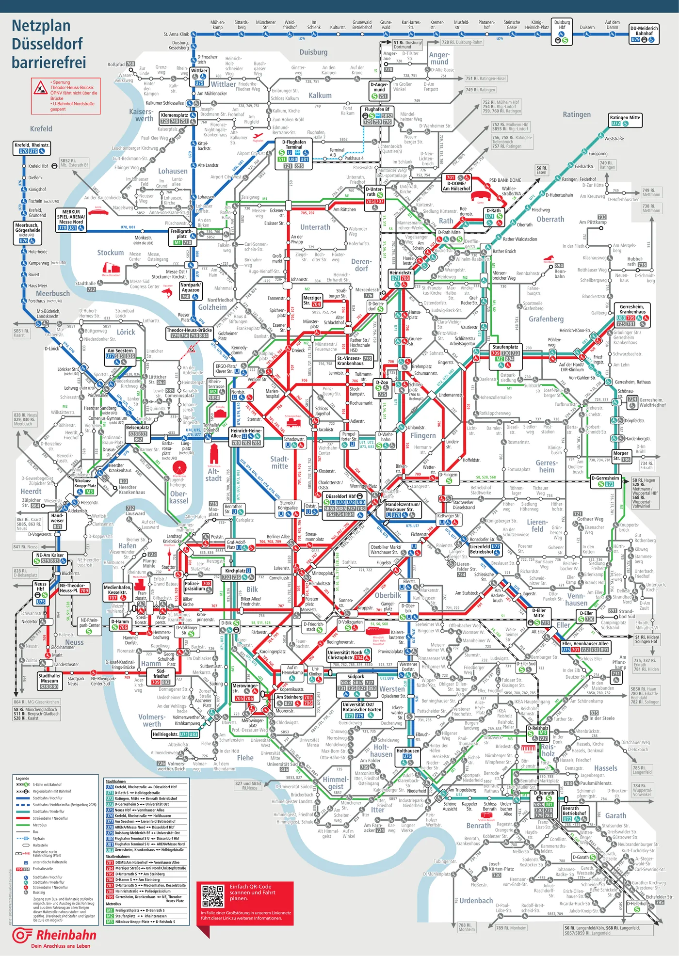 Netzplan Düsseldorf barrierefrei der Rheinbahn: Linien und Haltestellen mit Kennzeichnung der stufenlos erreichbaren Stationen.